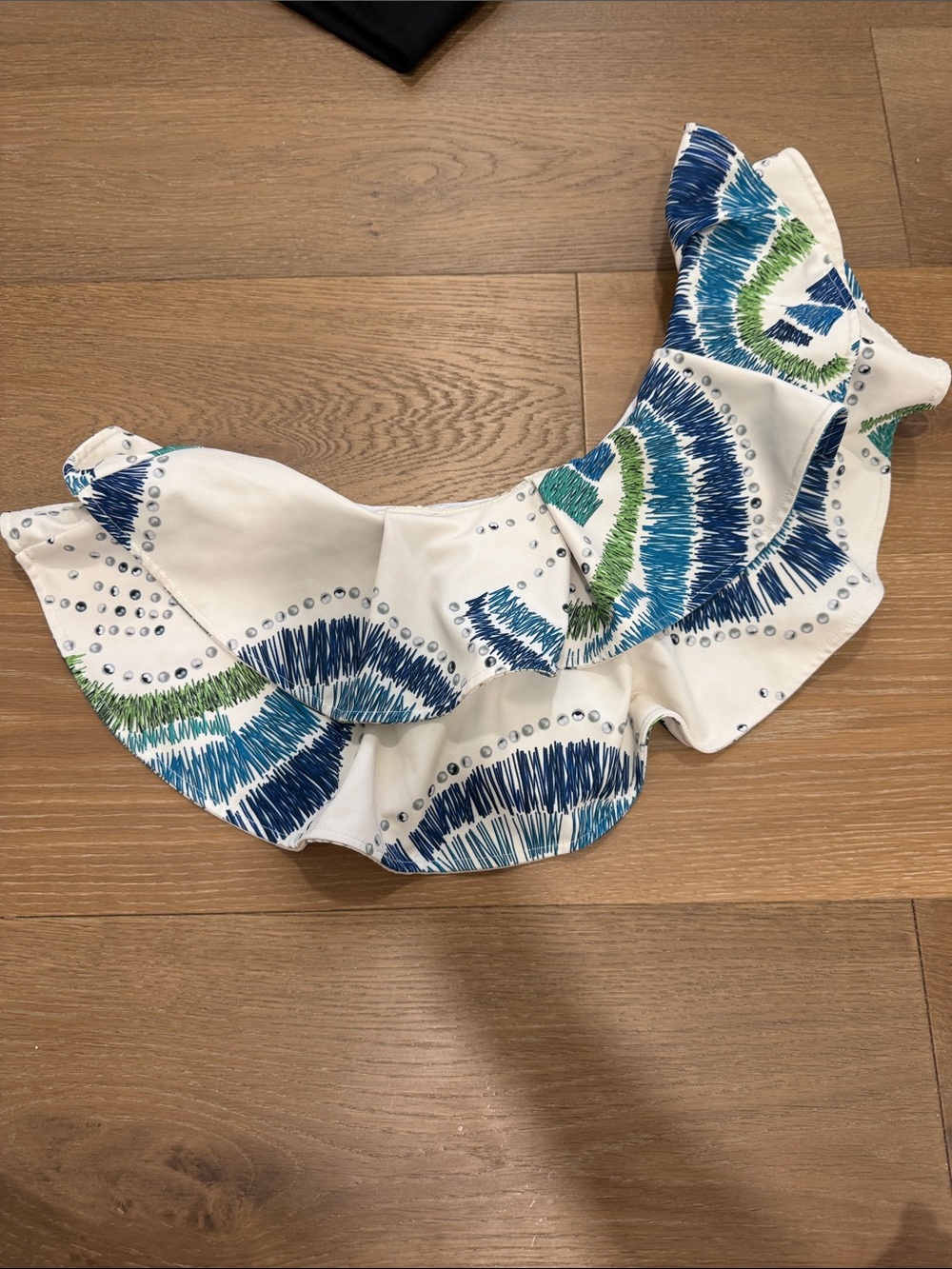 Off-Shoulder Ruffle Crop Top bathing suit top in White with Blue & Green Print